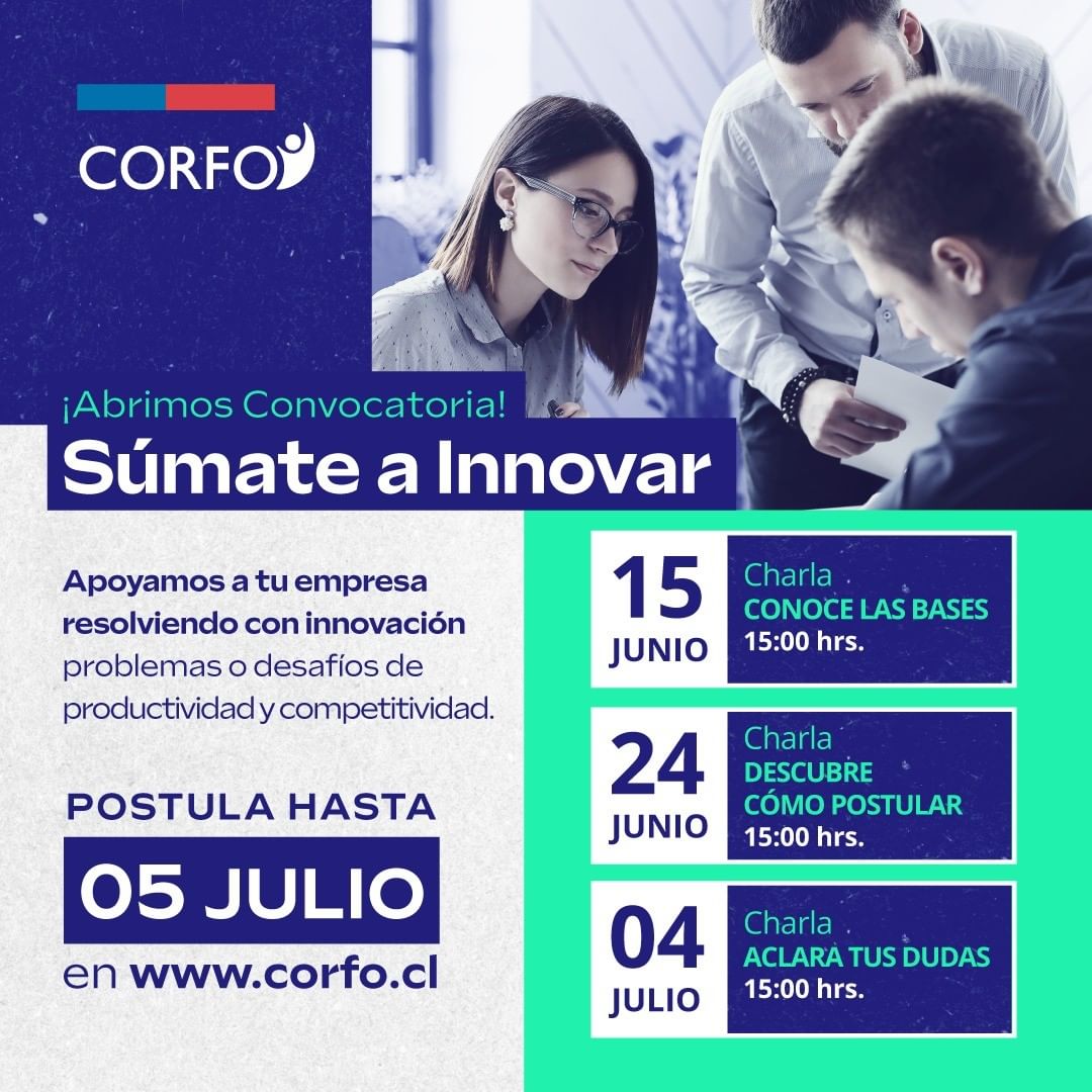 📌 Súmate a innovar! 🥳

Con estos cinco programas💡: 
- Súmate a Innovar
- Consolida y Expande
- Innova Región
- Crea y Válida I+D+i
- Alta Tecnología 

<a href="/corfochile/">Corfo</a> nos invita a ser parte de los desafíos de innovación 2022🚀🤩🥳

Postulaciones hasta el 5 de julio 📅

#corfo #ad