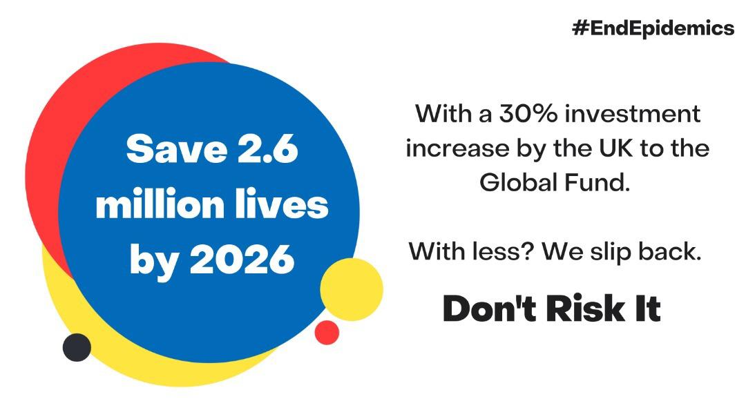 GlobalActionfo2's tweet photo. If the ๐ฌ๐ง #MeetTheTarget set by the @GlobalFund, we can save 2.6M lives by 2026.
Losing progress against #AIDS, #TB and #Malaria? #DontRiskIt. Ahead of #CHOGM2022, we say to @TrussLiz and @BorisJohnson: step up to #FightForWhatCounts and #EndEpidemics
#GA4H
#CS4ME
#GFANAfrica https://t.co/DAmK4rFmjM