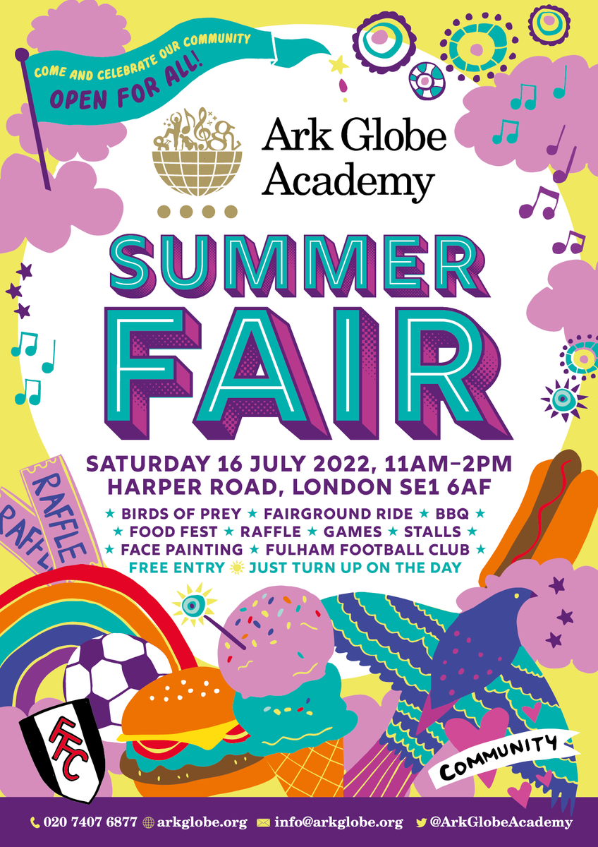 ArkGlobeAcademy's tweet photo. We are looking forward to welcoming our #community to our #SummerFair on 16 July! Everyone is invited! #games #fairgroundride #raffle #community #facepainting #FulhamFC #summer #arkglobe https://t.co/CQHlpVYbmF