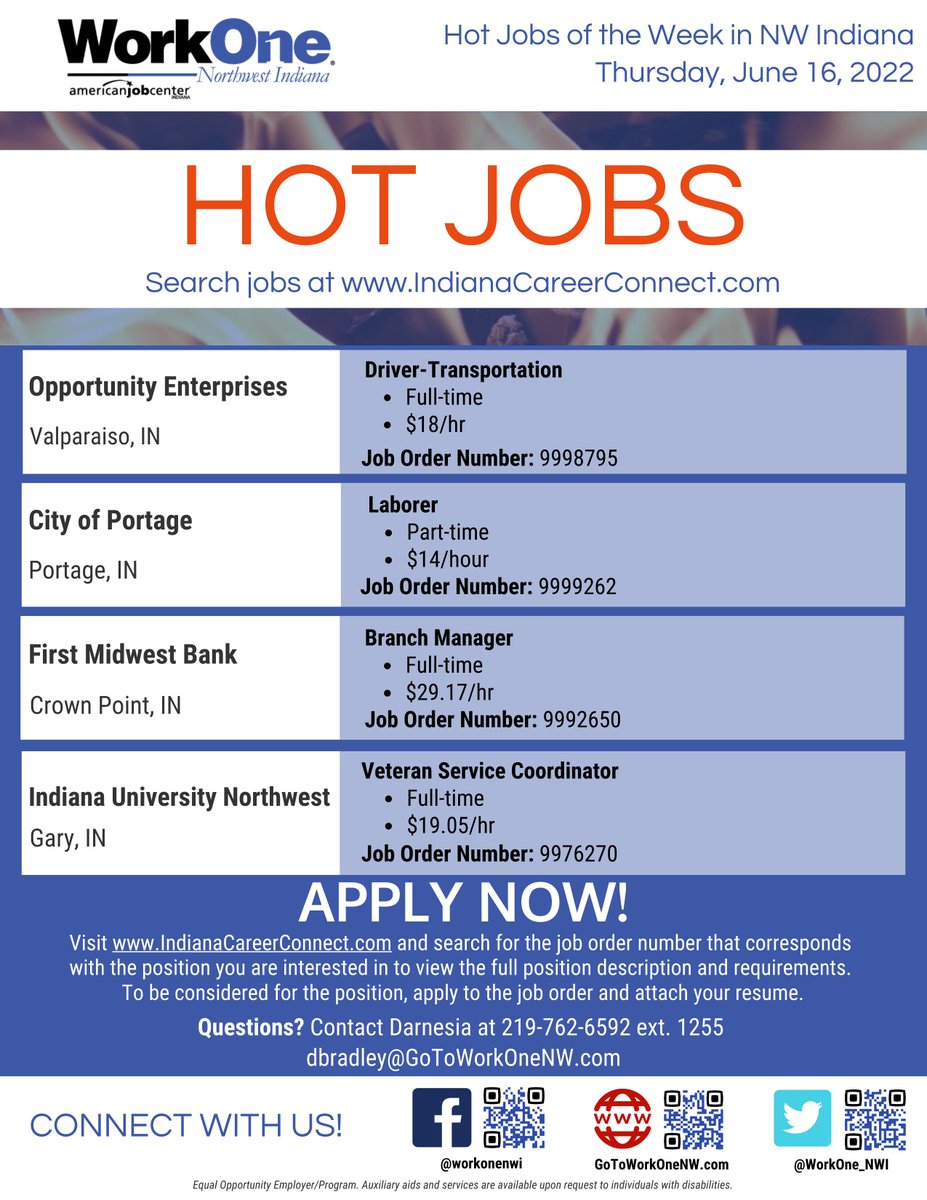 WorkOne_NWI's tweet photo. Hot Jobs of the Week in NW Indiana!
For more information or to apply for a position, visit https://t.co/pk8T4hw7js and search for the job order number that corresponds with the position you are interested in. https://t.co/hTJ6uxfYd8