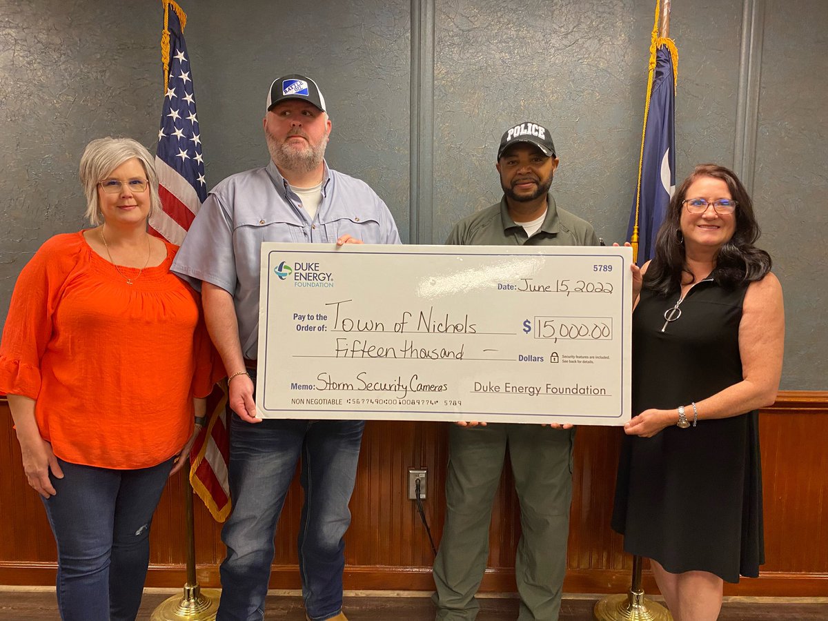 I got to see some friends in Nichols yesterday. Presented them with a $15,000 @DukeEnergy Foundation check to support their storm security camera project. This will provide their citizens with timely information about the potential for rising flood waters. #NicholsStrong