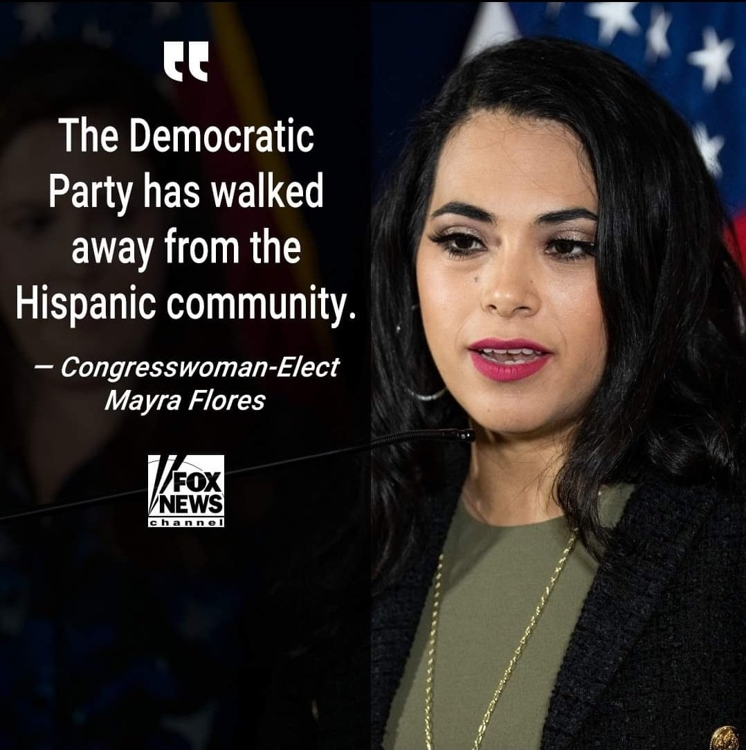 MayraFlores4TX's tweet photo. Democrats have gone ‘so far left’ that they no longer represent the values of Latino Americans. The Democrat Party has walked away from the Hispanic community. 

#SaveAmerica #TX34 https://t.co/OzDehr6S8x