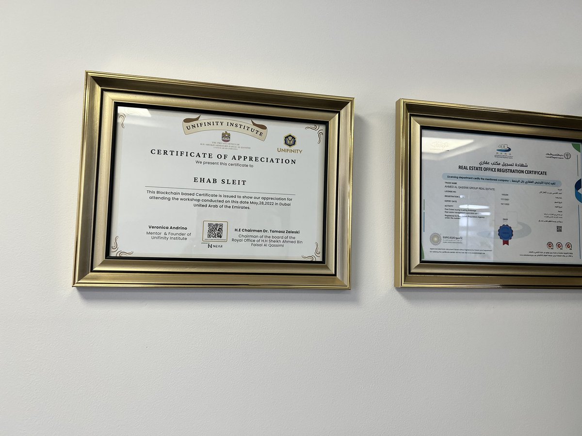 veronandrino's tweet image. Thank you for hanging the @unifinity_tech #Blockchain certificate issued on @NEARProtocol in the Royal Office of Sheikh Ahmed Bin Faisal Al Qassimi .
This will motivate everyone to Learn and Earn😍. #unifinity #technology