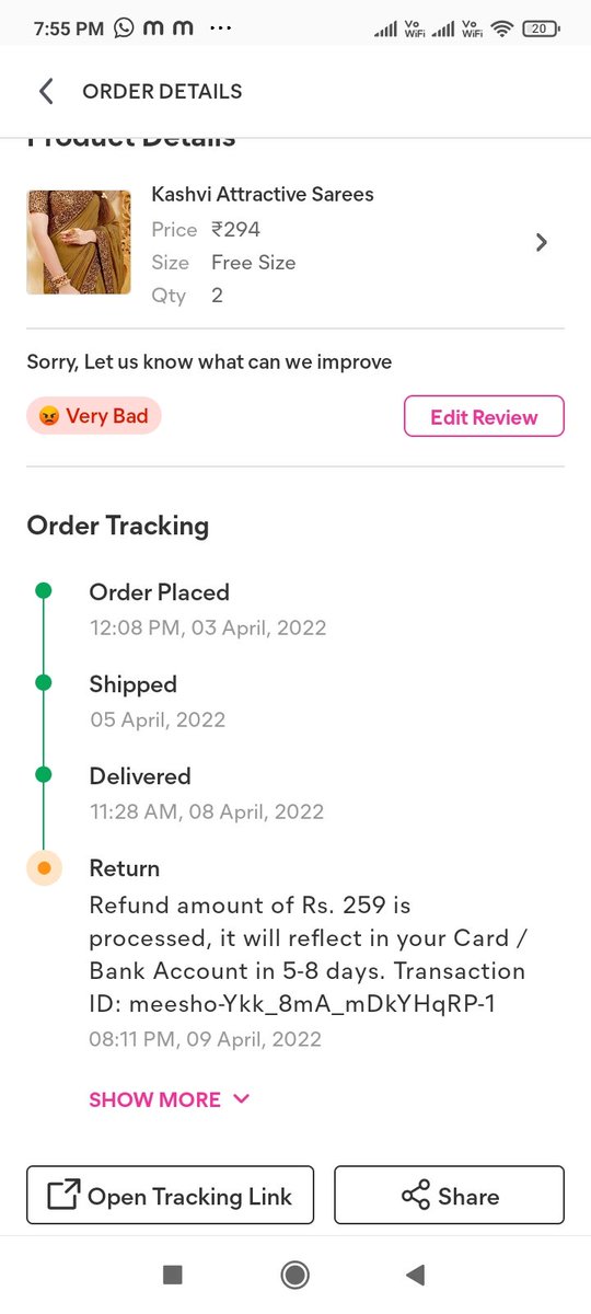 surajbunde's tweet photo. @Meesho_Official is #scammer
I ordered two pieces of clothing for my mom and they shipped one, I returned the order as it was complete and they just provided me a refund of 259 Rs instead of 518
#meesho #scam #Loot #shopping #ecommerce #onlineshopping https://t.co/xYVGQqA7QD