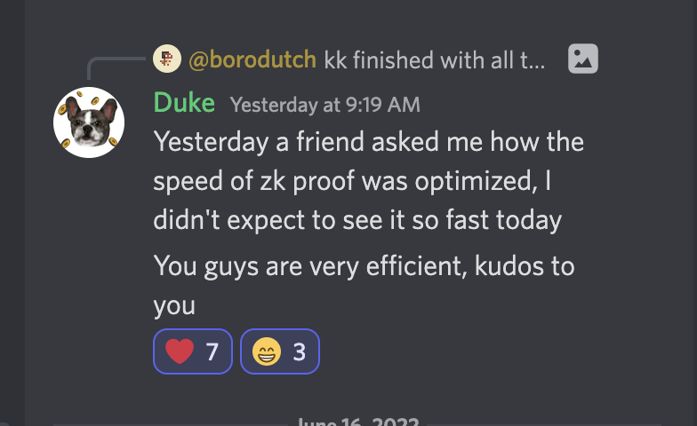 we (as in <a href="/borodutch/">Alexey Paramygin/Алексей Парамыгин</a> + crew) cut proof generation time from 5-8 minutes to 30 seconds or less and our community is already responding