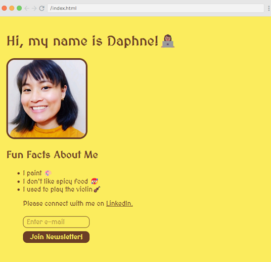 learnwithdaphne's tweet image. Day 3: I&apos;m almost finished with Module 2: Web Dev Basics. I&apos;m very excited to keep going on #Scrimba. Today I made another personal website using various HTML tags, such as unordered lists and anchors. Here&apos;s the result.
#100DaysOfCode #frontenddeveloperpath #codingjourney