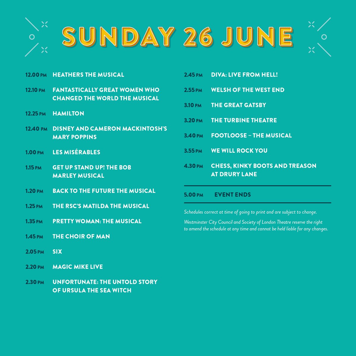 All the shows, none of the tickets. We present you with... THE SCHEDULE! #WestEndLIVE 
If you have any questions check out our website: westendlive.co.uk