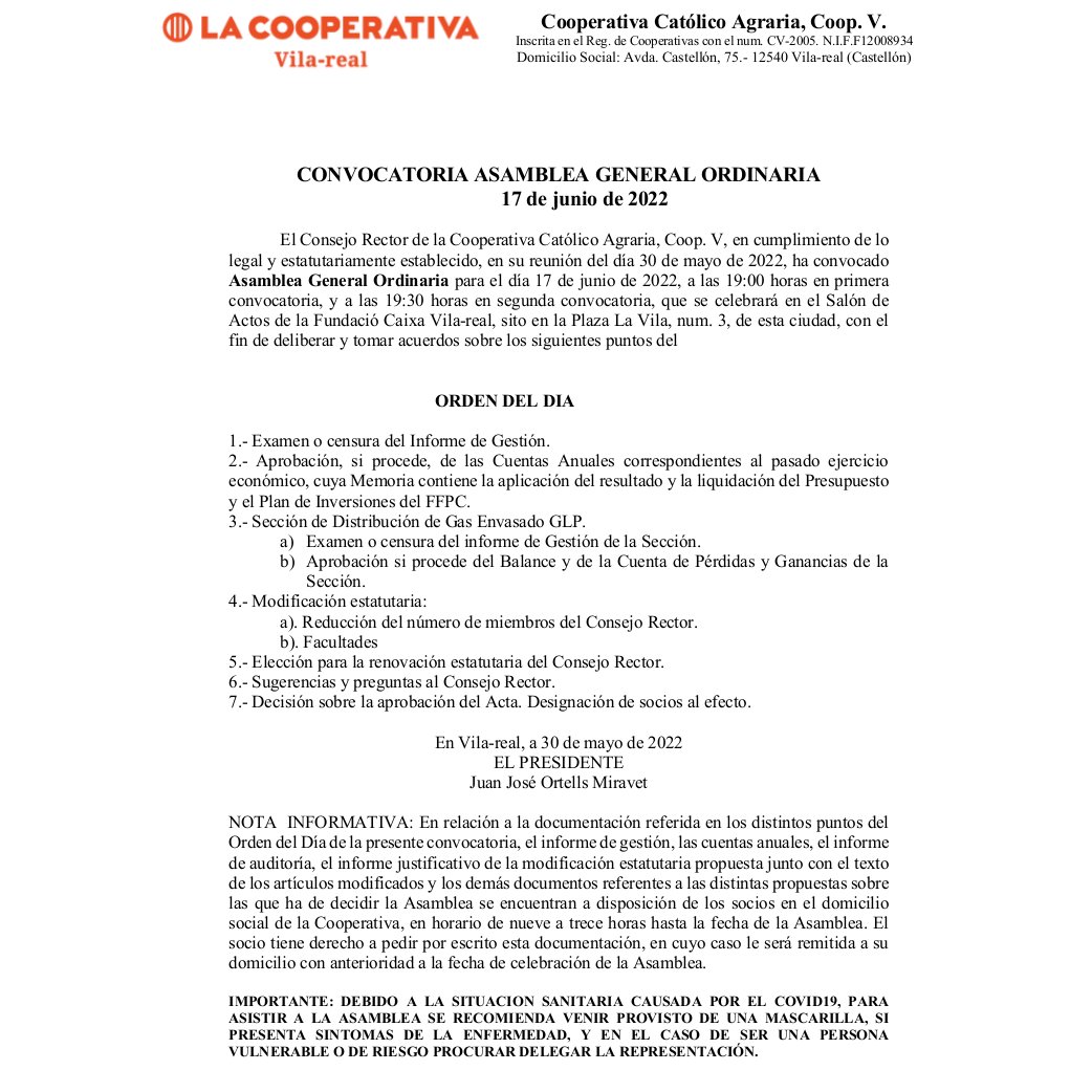 Demà divendres el magatzem de subministraments estarà TANCAT a la vesprada a causa de l'Assemblea General de Socis. Recorda que els socis estan convocats a les 19h en primera convocatòria i 19:30h en segona a la sala d'actes de la Fundació Caixa Rural VR. Vos esperem!