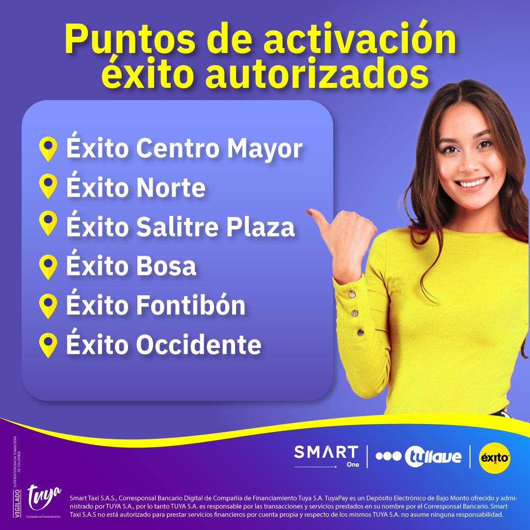 SmartOneCo's tweet photo. Un nuevo aliado para tu comodidad, En los @almacenesexito mencionados ya está disponible la activación de la recarga #Tullave. 
.
.
.
#AlmacenesExito #Exito https://t.co/RdZpRbqzvV