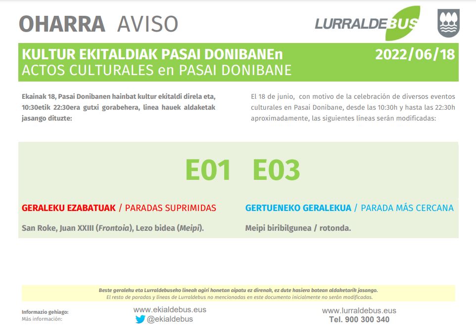 Lurraldebus's tweet image. 📆18 de Junio. 

📢Actos culturales en #Pasai  #Donibane

⏰desde las 10:30h y hasta las 22:30h

🚍se modifican las líneas E01 y E03.

❌PARADAS SUPRIMIDAS
San Roke, Juan XXIII (Frontoia), Lezo bidea (Meipi).