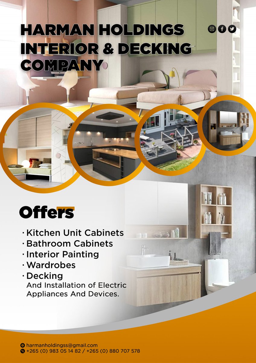 Harman Holdings Interior &amp; Decking Company 
Kitchen Unit Cabinets 
Bathroom cabinets 
Wardrobes 
Interior painting 
Interior Decking And Outside Decks 

Call Us On 0983 05 14 82 
Email 📧 Harmanholdingss@gmail.com