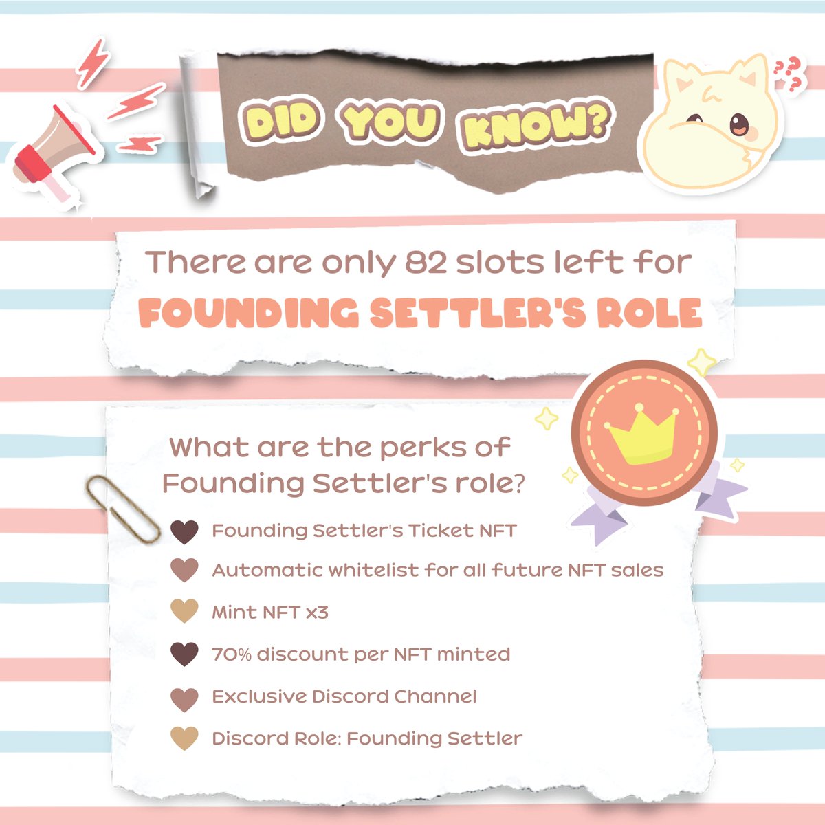 WE STILL HAVE 82 SLOTS FOR ALL OF YOU! 🎉 

18 of our amazing citizens already secured themselves the perks of having the FOUNDING SETTLER'S ROLE before our minting date! 🥳

JOIN US TODAY 👇🏼 
discord.gg/metanoiacountry

#metanoiacountry #NFT #NFTCommmunity #NFTProjects #NFTs