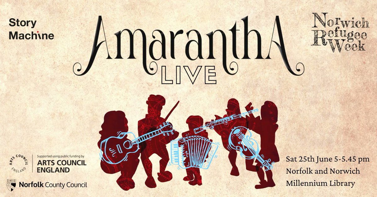 Saturday 25th of June – 5PM @milleniumlibrary 
Amarantha is a fantasy novel with music for children and adults. The event will be a reading of short excerpts from the novel alternated with music from the novel’s soundtrack, performed by a live folk band. #norwichrefugeeweek