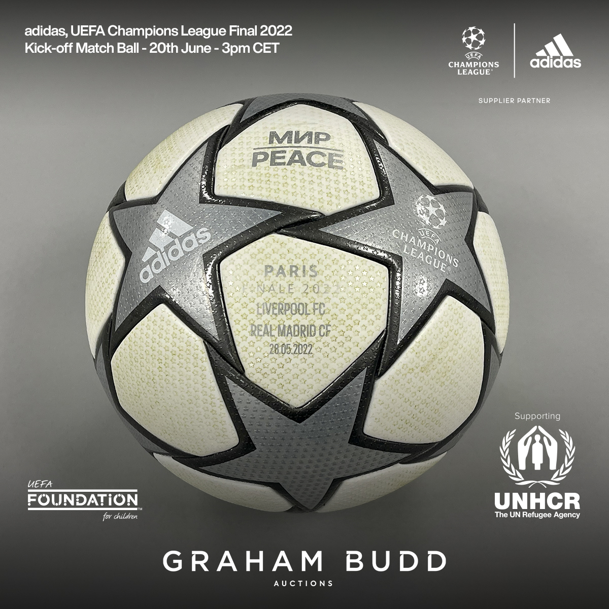 buddsauctions's tweet image. MAKE A BID FOR PEACE ⚽️

Join the auction of the historic adidas @championsleague Final 2022 Kick-Off Match Ball with proceeds going to the United Nations Refugee Agency. @Refugees

Register, pre-bid, donate now or participate live on June 20, 15:00 CET.
grahambuddauctions.co.uk/auctions/2022/…