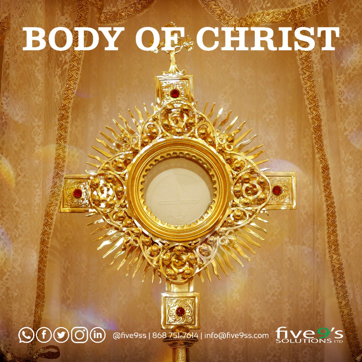 five9ss's tweet photo. The Management and staff of Five9's Solutions Ltd wish all a safe and blessed Corpus Christi 🙏🏽🙏🏽🙏🏽 https://t.co/AeMNk6hPvC