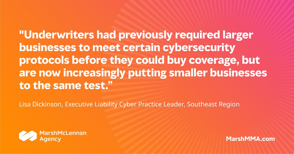 Marsh_MMA's tweet photo. This insightful article from the WSJ featuring Lisa Dickinson discusses why #cyberattacks are becoming more common place for small businesses and why many are not able to deal with an attack. Read more here. https://t.co/oMd6w5KebZ #cybersecurity #insurance https://t.co/13LscgBh9D