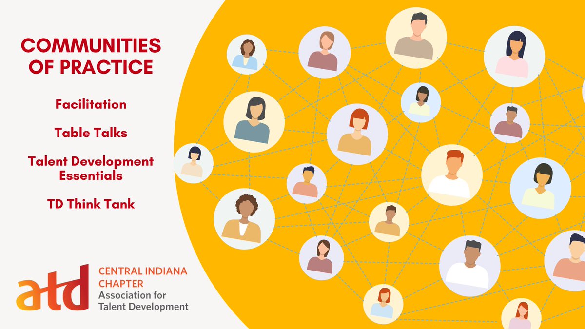 Check out our four great, lively, and informative Communities of Practice: Facilitation, Table Talks, Talent Development Essentials, and TD Think Tank. For Members - By Members - For You! Learn more at atdcentralindiana.org/upcoming-events