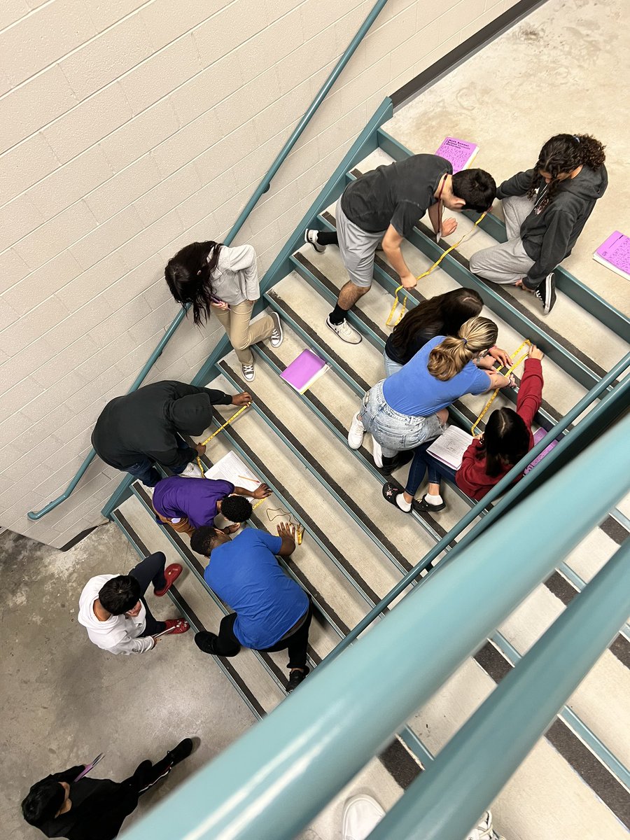 Determining the slope of the stairs with a measuring tape is a lot more fun way to practice rise over run than working on a packet! ☀️ #summerschool #8thgrademath @ramimtulp @katyisd @kisdsecmath #KSAT