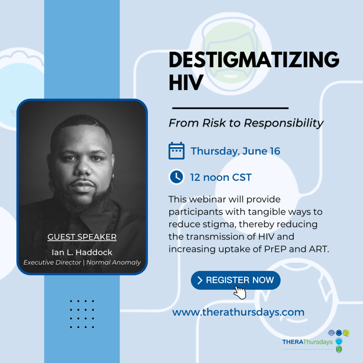 _NormalAnomaly's tweet image. Join our Executive Director and Founder, Ian L. Haddock  as the guest speaker for Thera Thursdays today!
During the webinar, he will discuss ways on reducing stigma as a way to reduce the transmission of HIV!
Register at TheraThursdays.com !
#TheraThursdays #TheNormalAnomaly