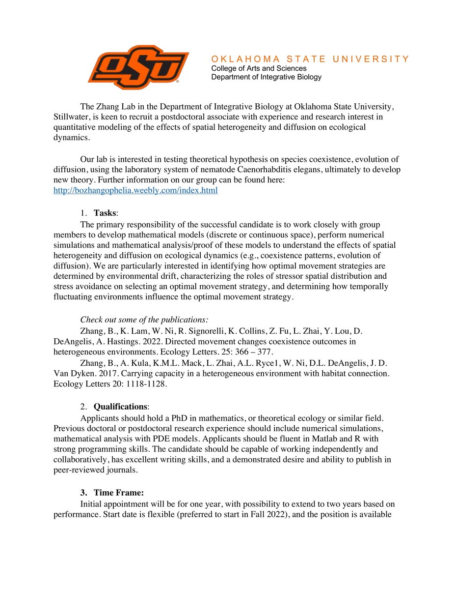 bo_zhang11's tweet photo. Open NOW! 2-years postdoc in my lab (start in Fall 2022), to develop mathematical models (discrete or continuous space), perform numerical simulations and mathematical analysis to understand the effects of spatial heterogeneity and diffusion on ecological dynamics. Please RT https://t.co/Ve57V1IpIg