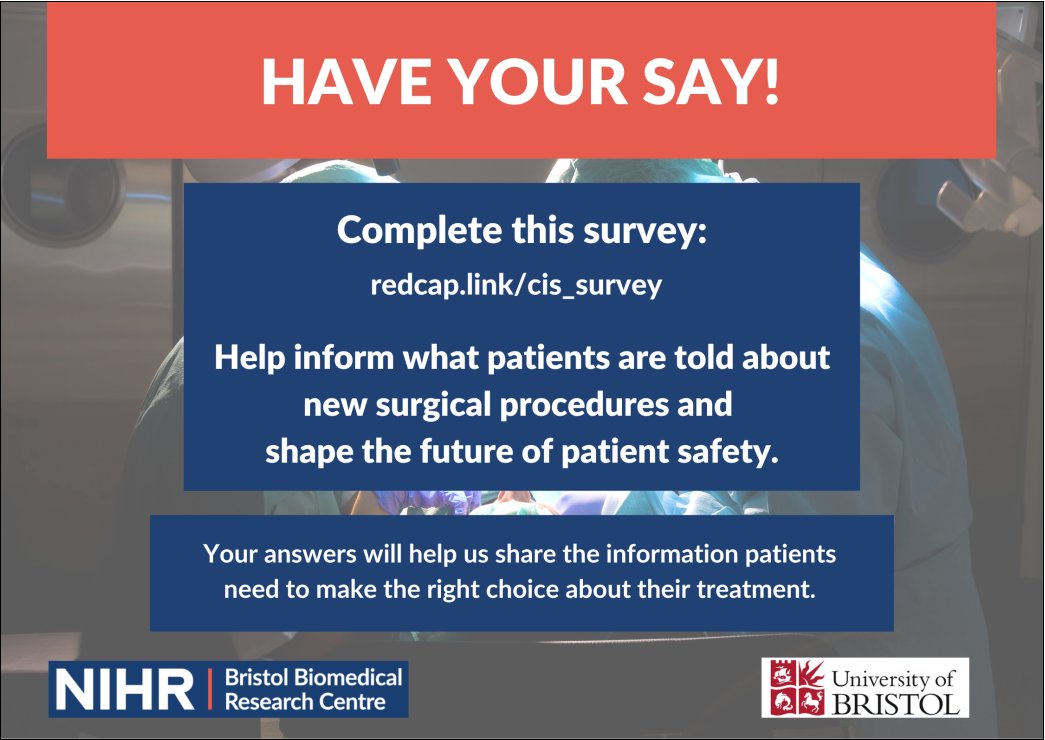 NIHR Bristol Biomedical Research Centre (BRC) (@bristolbrc) on Twitter photo #Surgicalinnovation needs you!
Take part in a public consultation that will help inform what patients are told about new surgical procedures.
Read bit.ly/3xyWX7S
Take survey bit.ly/3zIAPum
<a href="/AngusGKMcNair/">Angus McNair</a> @CSR_Bris <a href="/NIHRresearch/">National Institute for Health and Care Research</a> #Surgicalinnovation needs you!
Take part in a public consultation that will help inform what patients are told about new surgical procedures.
Read bit.ly/3xyWX7S
Take survey bit.ly/3zIAPum
<a href="/AngusGKMcNair/">Angus McNair</a> @CSR_Bris <a href="/NIHRresearch/">National Institute for Health and Care Research</a>
