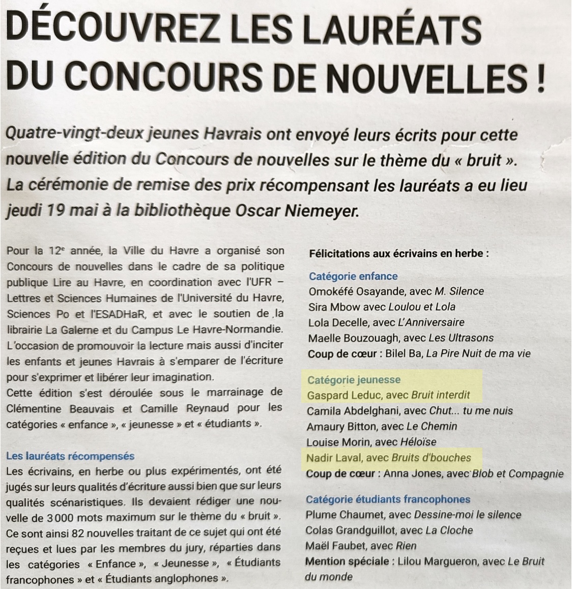 IjcLh76's tweet photo. Jamais trop tard pour féliciter nos collégiens pour l’excellence de leur travail. Grand bravo à Gaspard (auteur de Bruit interdit) et Nadir (auteur de Bruits d’bouches), lauréats le mois dernier, dans la catégorie jeunesse, du concours de nouvelles, organisé par la ville du Havre https://t.co/ddPHGC52mE