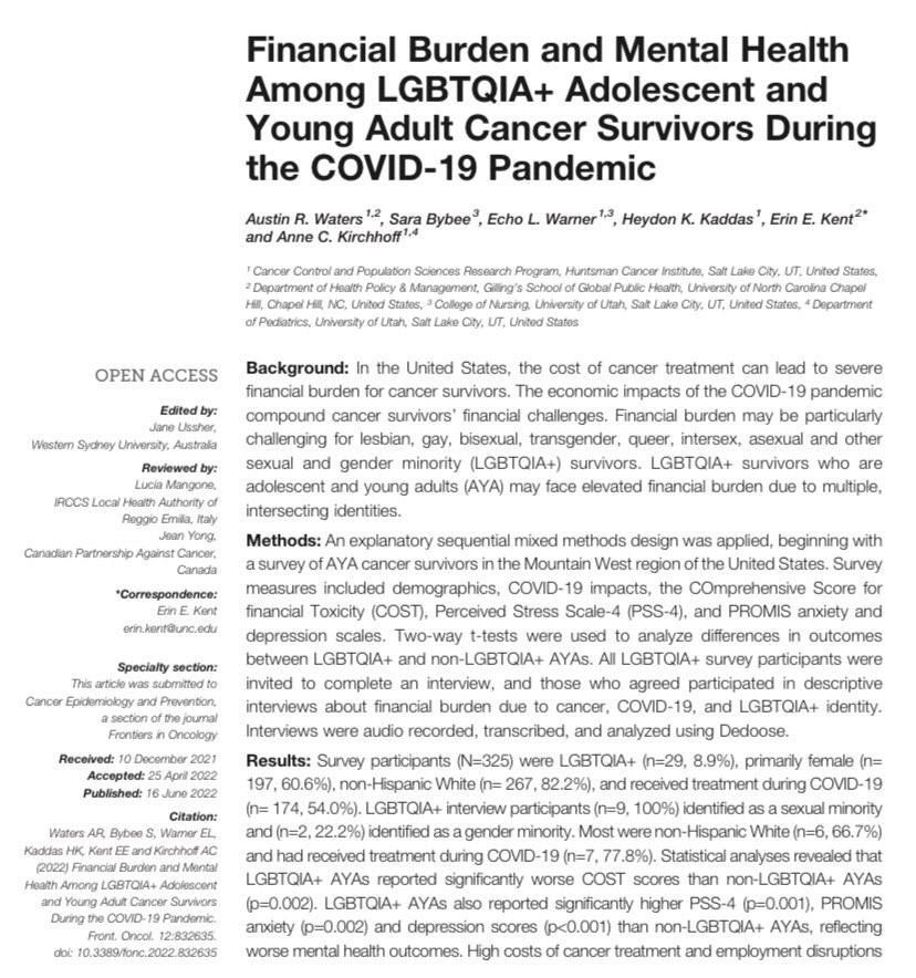 Just in time for #Pride2022 we published the first in-depth study focusing on financial burden among LGBTQIA+ #AYA survivors 🏳️‍🌈

@saragbybee <a href="/WarnerEcho/">Echo Warner, PhD, MPH</a> <a href="/hkkaddas/">Heydon Kaddas, MPH CPH</a> <a href="/ErinEKent/">Erin Kent</a> @annersck <a href="/huntsmancancer/">Huntsman Cancer Institute</a> <a href="/unchpm/">UNC HPM</a> 

Let’s talk about the findings 🧵

frontiersin.org/articles/10.33…