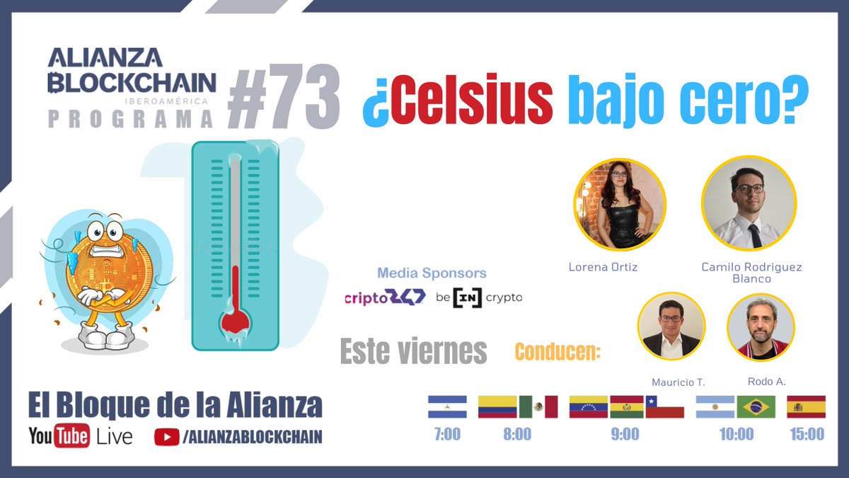 Alianza Blockchain (@alianzablock) on Twitter photo 📢 Te invitamos mañana a un nuevo programa del 🎙Bloque de la Alianza Blockchain
viernes 17 de junio
👉 sobre: ¿Celcius bajo Cero?
con la participación de🗣:
<a href="/LOReBitcoin/">Lorena Ortiz</a>
<a href="/Camilolwi/">Camilolwi</a>
<a href="/RodolfoBits/">Rodolfo Andragnes</a>
<a href="/maurotov/">Mauricio Tovar 🌴🍹</a>
🔴en vivo en: youtu.be/HLgWhtjEPxc
#cripto #Blockchain #bitcoin 📢 Te invitamos mañana a un nuevo programa del 🎙Bloque de la Alianza Blockchain
viernes 17 de junio
👉 sobre: ¿Celcius bajo Cero?
con la participación de🗣:
<a href="/LOReBitcoin/">Lorena Ortiz</a>
<a href="/Camilolwi/">Camilolwi</a>
<a href="/RodolfoBits/">Rodolfo Andragnes</a>
<a href="/maurotov/">Mauricio Tovar 🌴🍹</a>
🔴en vivo en: youtu.be/HLgWhtjEPxc
#cripto #Blockchain #bitcoin