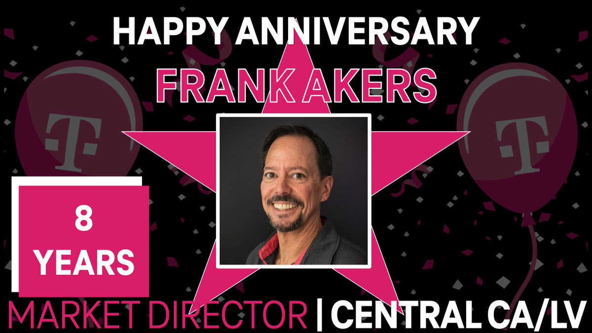 Join me in congratulating Market Director for T1 Central CA/Las Vegas <a href="/FrankAkers/">Frank Akers</a> on his 8 year Magentaversary! Cheers to many more and thank you for all that you do 🎉👏