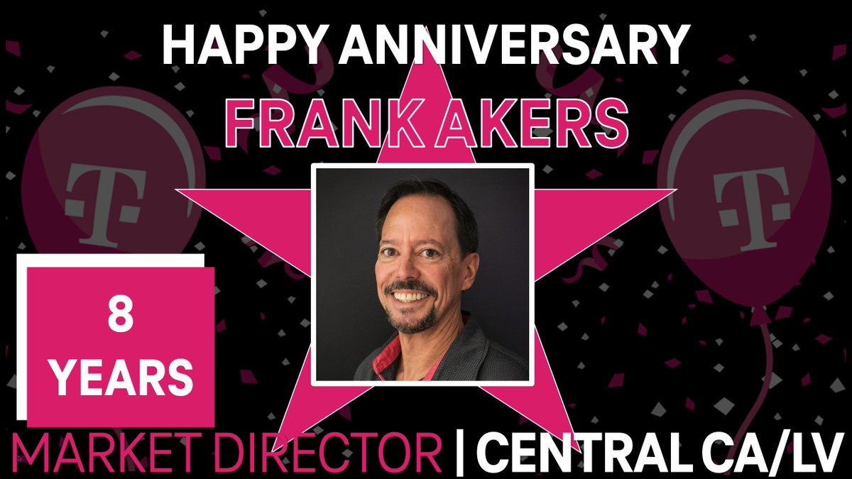 Join me in congratulating Market Director for T1 Central CA/Las Vegas @FrankAkers on his 8 year Magentaversary! Cheers to many more and thank you for all that you do 🎉👏