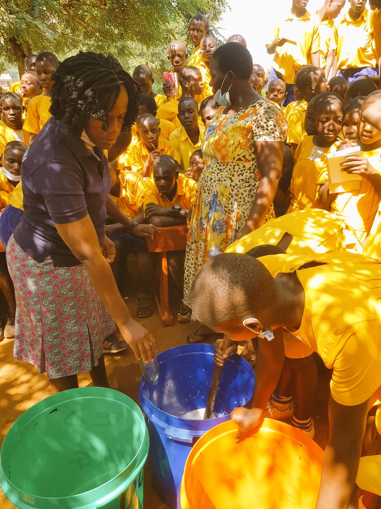 Later, in the day the school Health Club was mobilized and taught new skills of  making  Liquid Soap as a way of promoting hygiene in bother school urinals and toilets but also enable them establish an income generating activity for school financial sustainability.