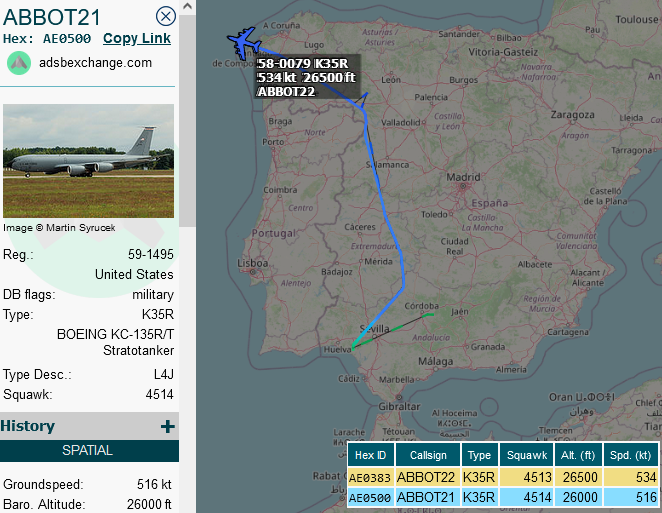 SirListenalot's tweet photo. ~1430z #KC135's #AE0500 #AE0383 as #ABBOT21-22 on a round trip out of Rota in order to refuel #B2 #MARCO01 which seems to be operating between the Azores and Spain. #E6 #AE0419 which left Rota as #IRON13 and returns now as #PEKO94 may have been involved as well. https://t.co/RxMhLpMtv0