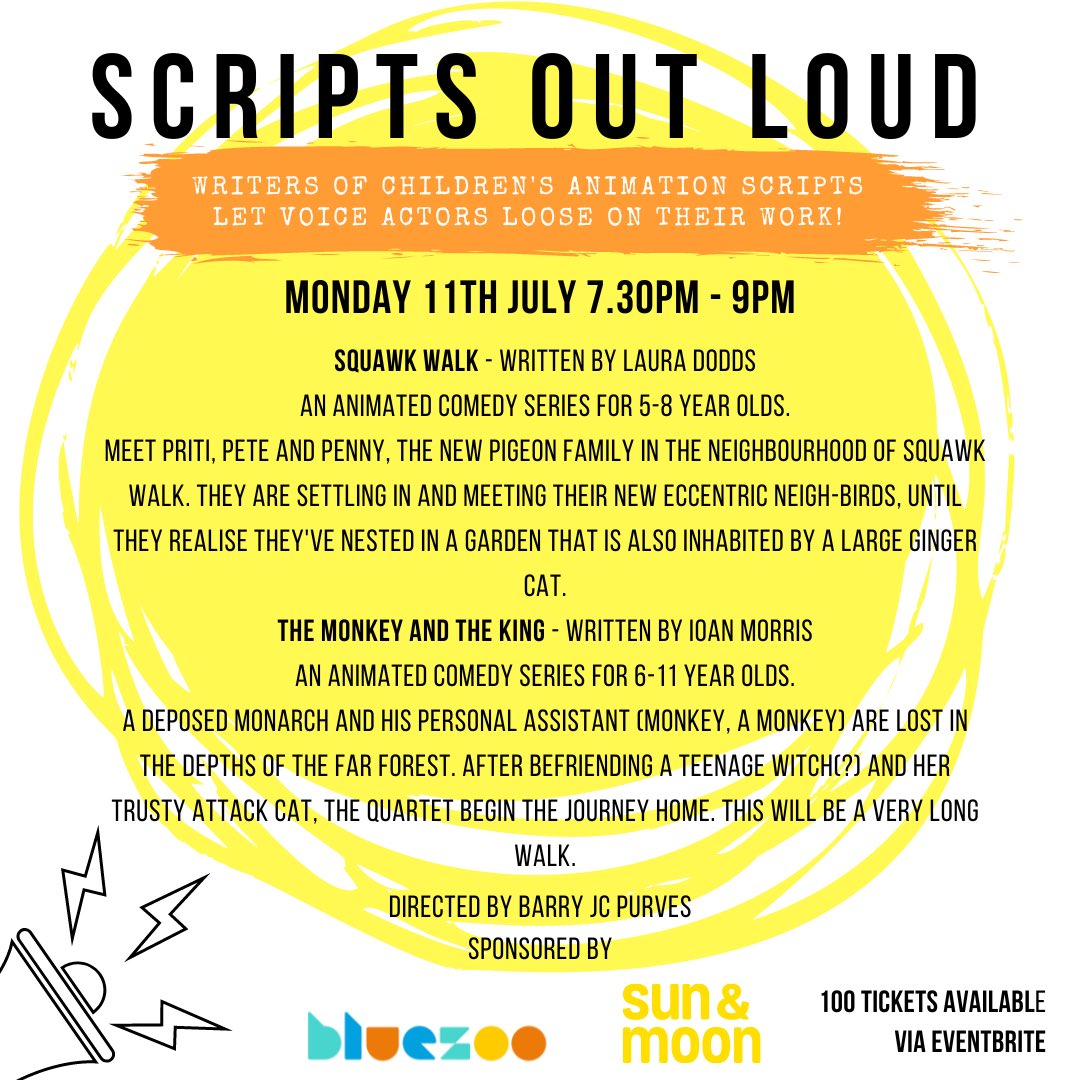 Join us on 11th July for our next online Scripts Out Loud event. 

We have two more marvellous scripts for you to feast your ears on!

Tickets are live &amp; can be purchased via this link bit.ly/3QprHkf

#childrensmedia #animation #newriting #kidtv #hiddengems