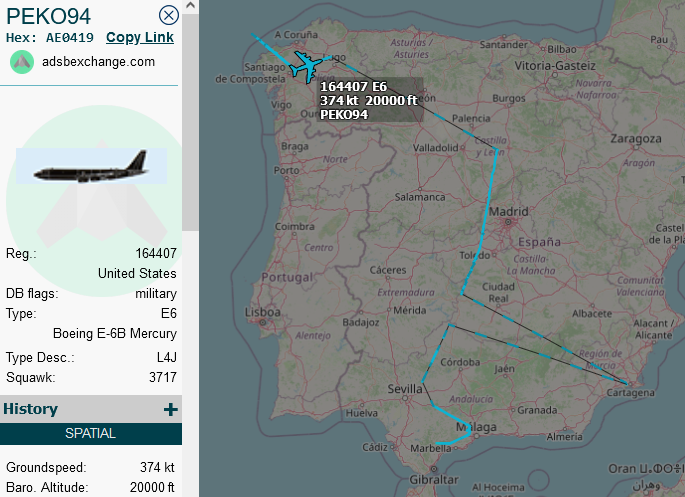 SirListenalot's tweet photo. ~1430z #KC135's #AE0500 #AE0383 as #ABBOT21-22 on a round trip out of Rota in order to refuel #B2 #MARCO01 which seems to be operating between the Azores and Spain. #E6 #AE0419 which left Rota as #IRON13 and returns now as #PEKO94 may have been involved as well. https://t.co/RxMhLpMtv0