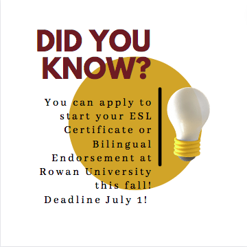 Rowan_ESL_BE_WL's tweet photo. The deadline is approaching! Apply today! https://t.co/brNJRzdcwB https://t.co/JvMLiGUGhq https://t.co/a1nsdseK6a