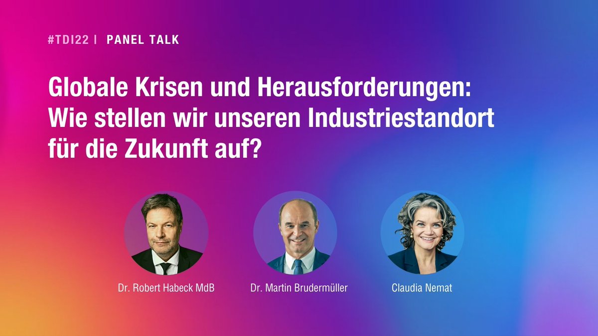Der_BDI's tweet photo. Nachhaltig und wettbewerbsfähig – geht das gleichzeitig? 🌿 Darüber reden beim #TDI22 Wirtschaftsminister Robert Habeck, @BMWK; Martin Brudermüller, CEO von @BASF und @claudianemat, Vorstand Technology &amp; Innovation der @deutschetelekom.

📅 20.+21. Juni
📺https://t.co/CPUcHKepYF https://t.co/FzZKzy4sUC