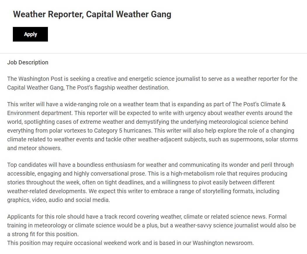 capitalweather's tweet photo. 📢Job opening on an amazing team! (It's us😁)

We're hiring a WEATHER REPORTER to cover events around the world, spotlight cases of extreme weather and explain the underlying meteorology. Share our job posting with friends or apply yourself!

Apply here: https://t.co/kP1kuvvk4Z https://t.co/74YvTysAwq