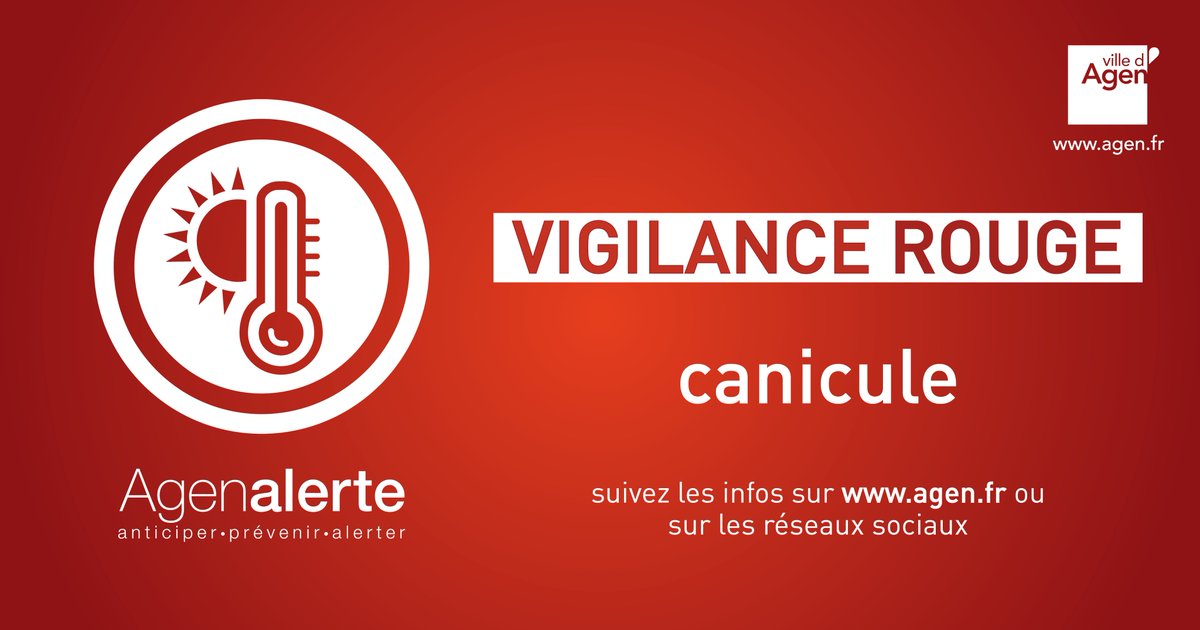#Agen #canicule ⚠️🔴 <a href="/Prefet47/">Préfet de Lot-et-Garonne 🇫🇷 🇪🇺</a> nous informe du passage en vigilance rouge canicule, en Lot-et-Garonne, ce jour à 16 h, en raison de la précocité et de l’intensité de l’évènement. Soyez prudents : Pour vous informer 👉 agen.fr/en-ce-moment/a…