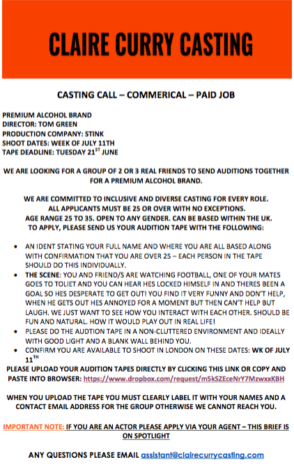 CASTING CALL! Please share far and wide. A fun paid spot for a premium alcohol brand. All your questions should be answered on here so please through if interested
Dropbox link for auditions: dropbox.com/request/m5kSZE…