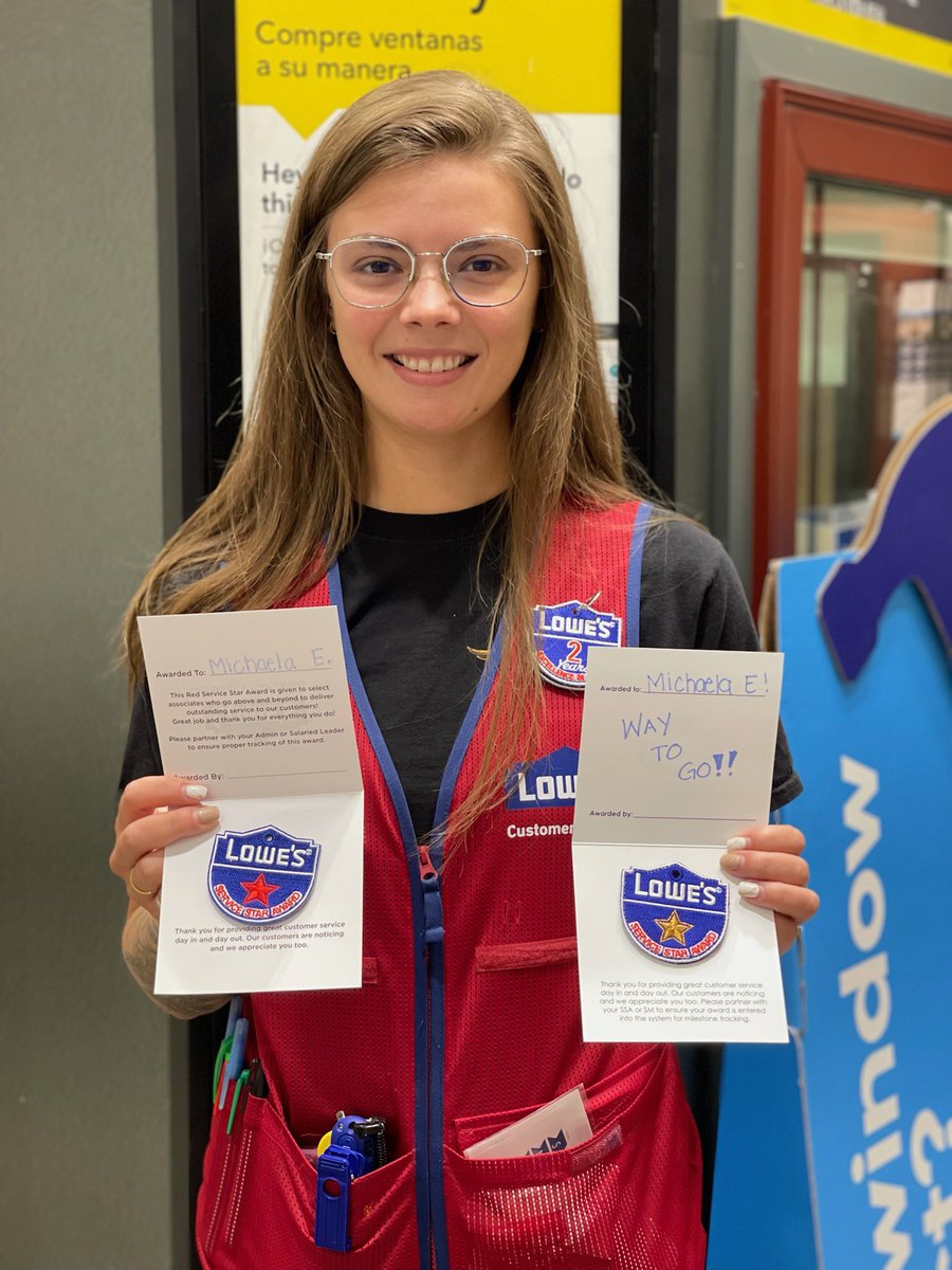 Congratulations to Michaela for her recent promotion to Millwork Sales Specialist and also for earning a Red &amp; Bronze Star today!  Awesome job Michaela!  Thank you for all you do!@charlesatlowes @AlexStempovschi @SASMDexter <a href="/HR_KristenS/">Kristen Stumpf</a> <a href="/SSAKelsey2614/">Kelsey Raines</a> <a href="/BlueTeam_R21/">Lowe’s Region 21</a>