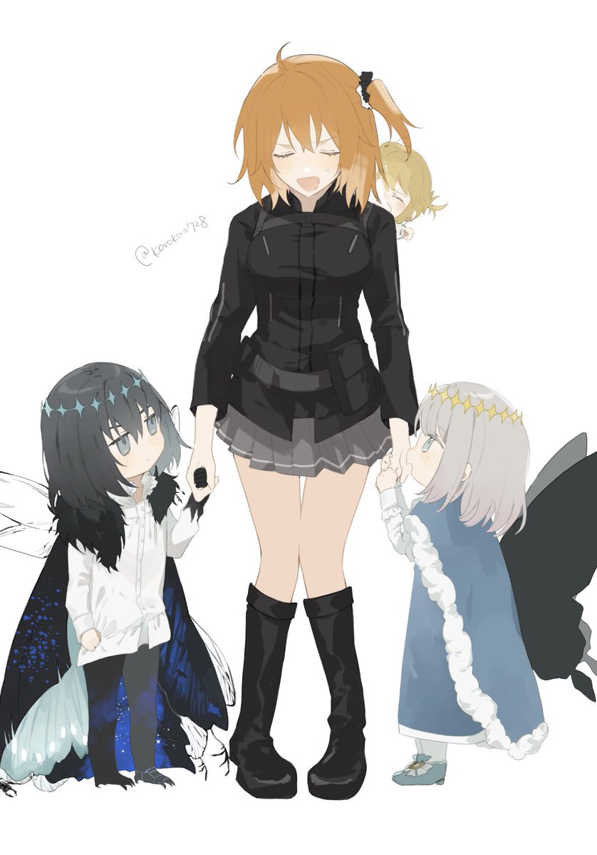 fujimaru ritsuka (female) ,fujimaru ritsuka (female) (polar chaldea uniform) ,oberon (fate) multiple boys 2boys insect wings grey skirt wings holding hands orange hair  illustration images