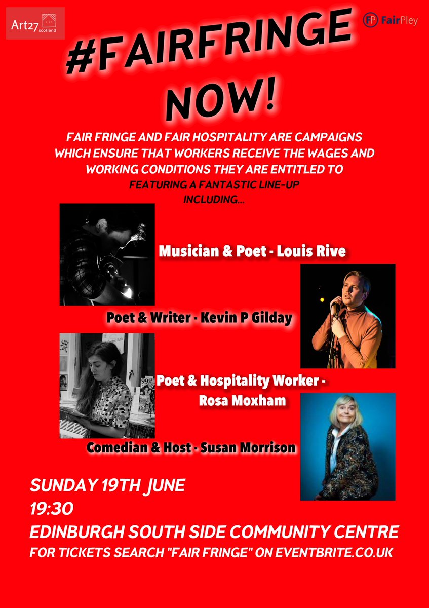 KevinPGilday's tweet photo. I'm in Edinburgh this Sunday as part of the #FairFringe event with @pley_fair and @Art27Scotland. A great bill of poetry, music and comedy for a fantastic cause. The fringe is a magical time for audiences but that doesn't justify the exploitation of workers at the festival โ https://t.co/b8Y5LK21Mv
