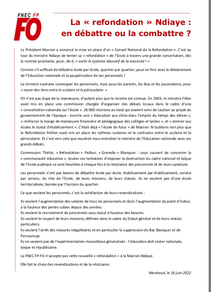 La « refondation » Ndiaye : en débattre ou la combattre ? FO n’accepte pas cette nouvelle « refondation » à la Macron-Ndiaye. Elle fait le choix des revendications et de la résistance.