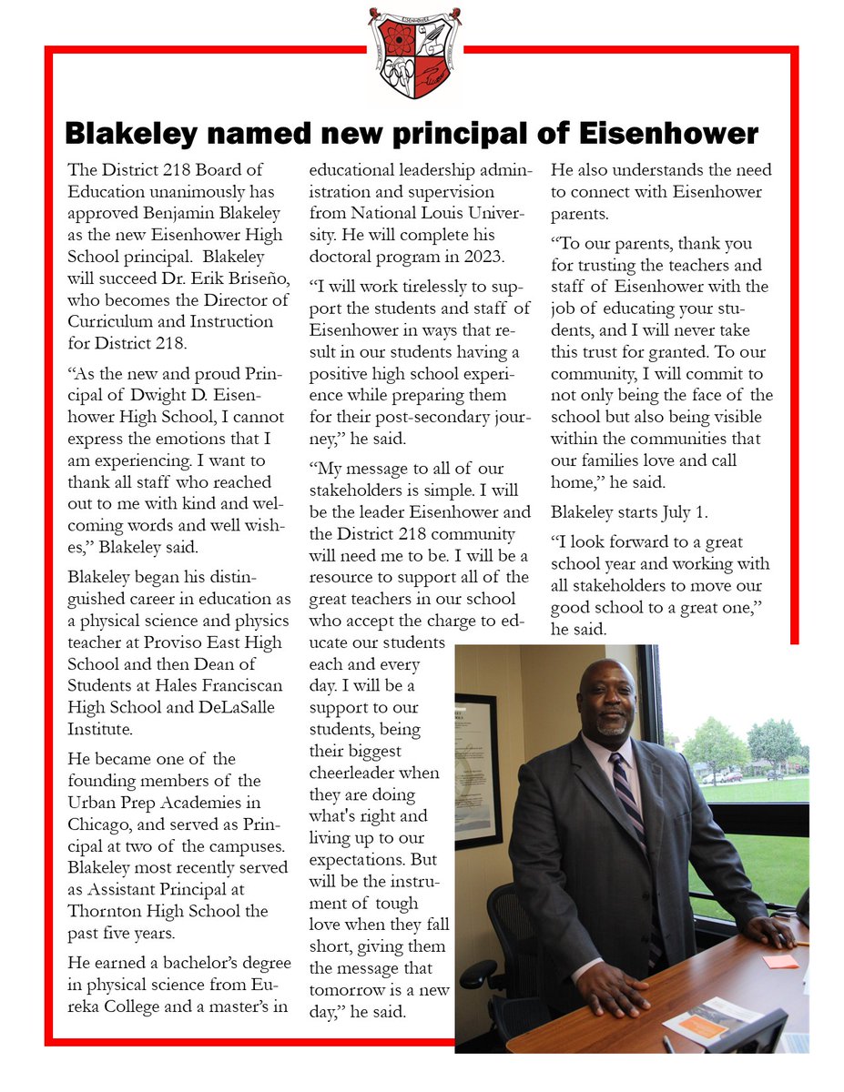 We're extremely proud to welcome Benjamin Blakeley as the new principal of Eisenhower!  Mr. Blakeley, who will complete his doctorate in 2023, succeeds Dr. Erik Briseño, who becomes D218 Director of Curriculum and Instruction.

Mr. Blakeley writes eloquently about coming to DDE!