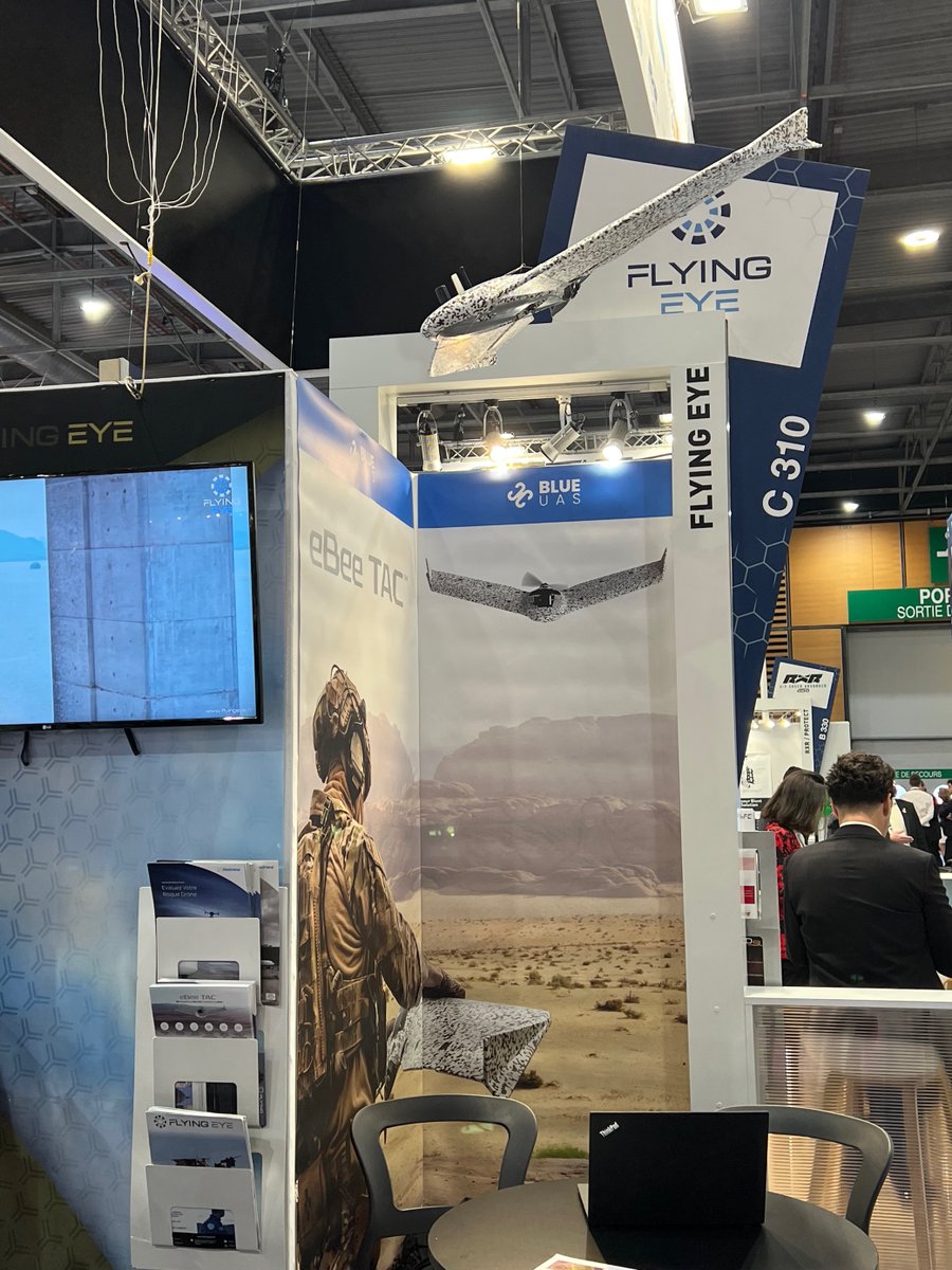 sensefly's tweet photo. Day 4 of #eurosatory2022 is underway! Our Blue UAS Approved eBee TAC fixed-wing #drone has been a show favorite among attendees who were impressed by its lightweight (3.6 lb / 1.6 kg) portability & ease of mission planning in eMotion. #tacticalmapping @flyingeye_fr @AgEagleUAVS https://t.co/6tKeDmCEWf