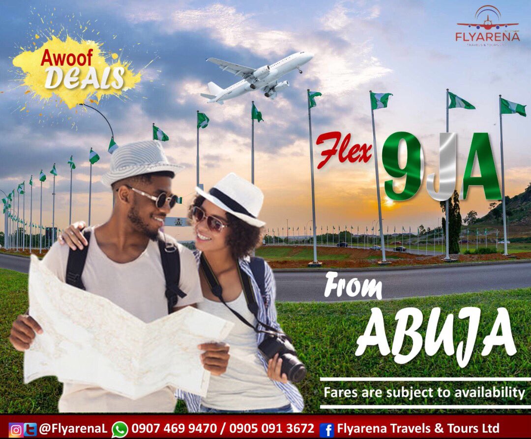 FlyarenaL's tweet photo. Enjoy amazing flight deals on @FlyarenaL
Book now.
Let's Go!
.
We are always available to serve you 🤗
Travel with Us!
Delay no further.
#abuja #Owerri #ilorin #Akure #localticket #cheapticket #airticket #lagos #travelagent https://t.co/9iSSVUHiOT
