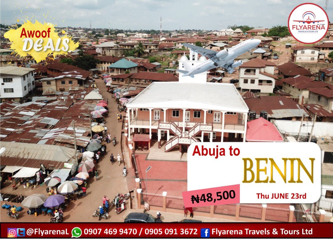 FlyarenaL's tweet photo. Enjoy amazing flight deals on @FlyarenaL
Book now.
Let's Go!
.
We are always available to serve you 🤗
Travel with Us!
Delay no further.
#abuja #Owerri #ilorin #Akure #localticket #cheapticket #airticket #lagos #travelagent https://t.co/9iSSVUHiOT
