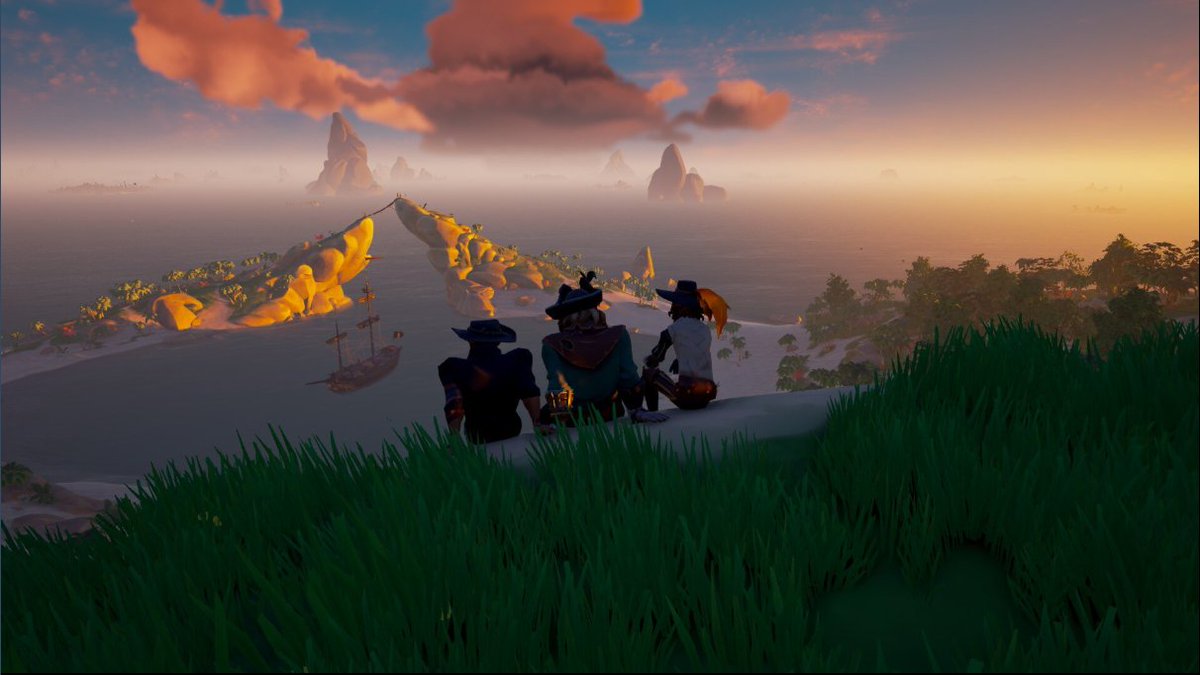 WowChrill's tweet photo. 3 pirate bros enjoying the view and holding hands for the commendations before sinking emissaries for dem sweet flags!
#SeaOfThieves https://t.co/cPgGQYuxKy
