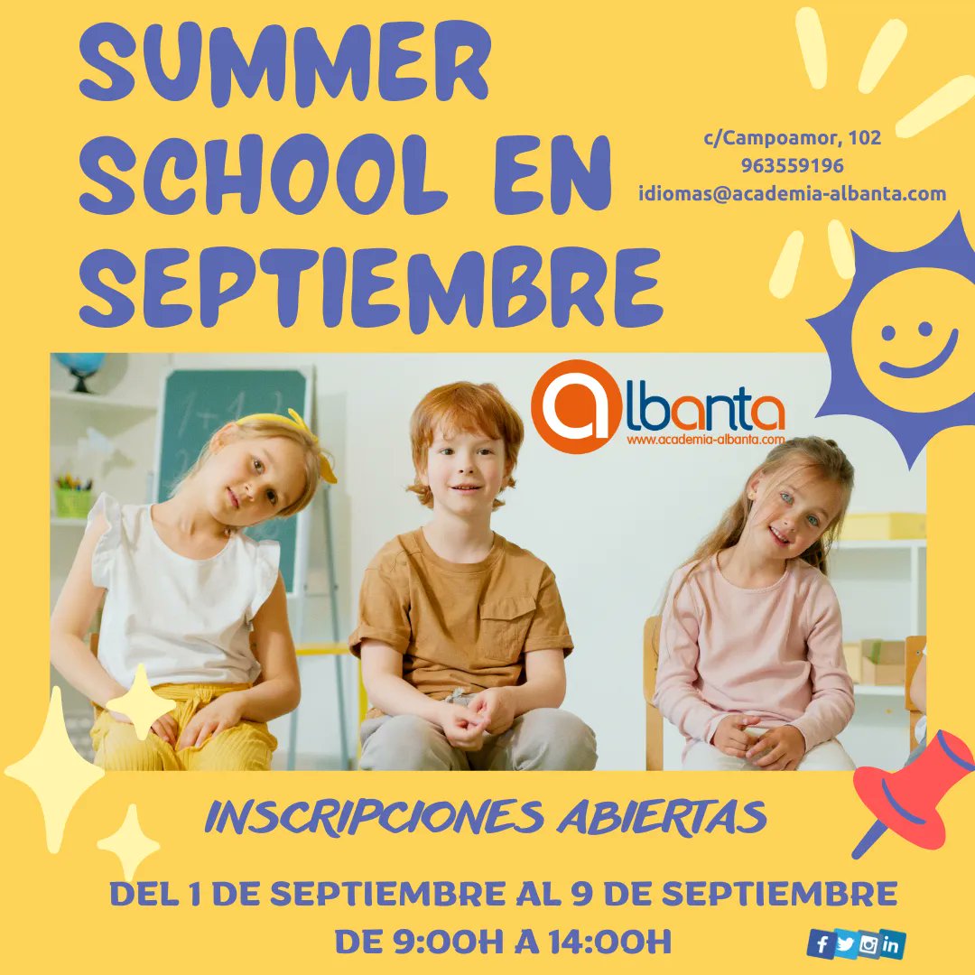 AcademiaAlbanta's tweet photo. Seguro que muchos os habéis quedado pensando sobre lo que haréis del 1 al 9 de septiembre con l@s peques de casa, 😏 verdad ?
👇¡Tenemos la solución!👇
Abrimos  la "SUMMER SCHOOL DE SEPTIEMBRE" en #Albanta School Of Languages
📅 Del 1 al 9 de septiembre, 🕒 de 9:00h a 14:00h https://t.co/MyRUdoZOwb