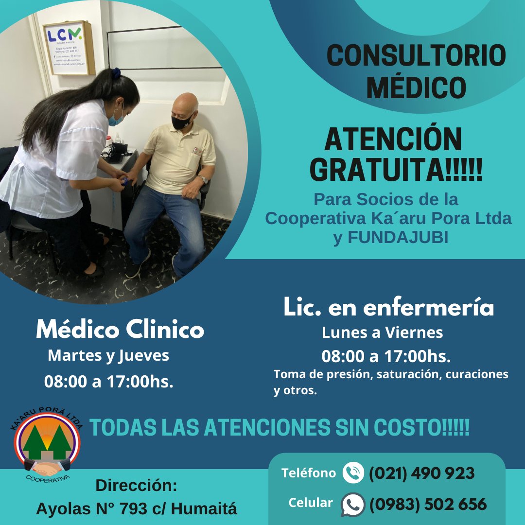 ¿Sabias que? La Cooperativa Ka´aru Pora Ltda ofrece a sus Socios cobertura medica gratuita con un Médico Clínico todos los Martes y Jueves, y de Lunes a Viernes contas con atenciones en enfermería🩺👨🏻‍⚕️ ¡Visítanos!

PARA RESERVA DE TURNO AGENDA AL:
☎️ (021) 490 923
📲(0983) 502 656